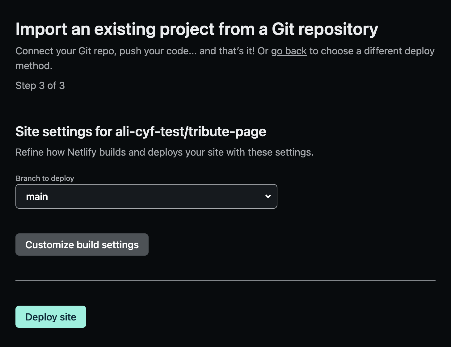 Choosing the branch to create your site from